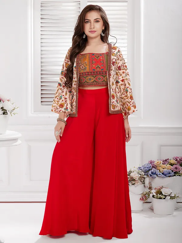 Red and beige silk palazzo suit