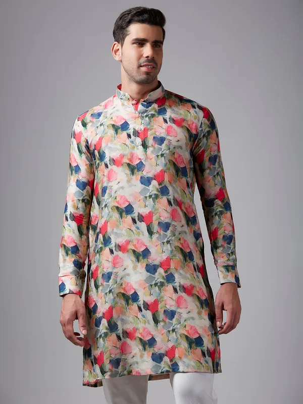 Red and blue printed silk kurta suit