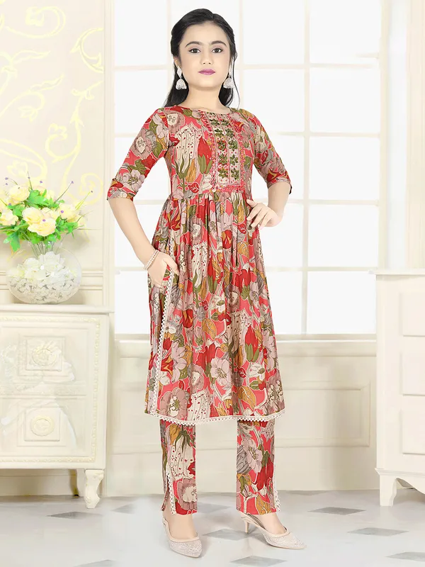Red and green printed cotton salwar suit