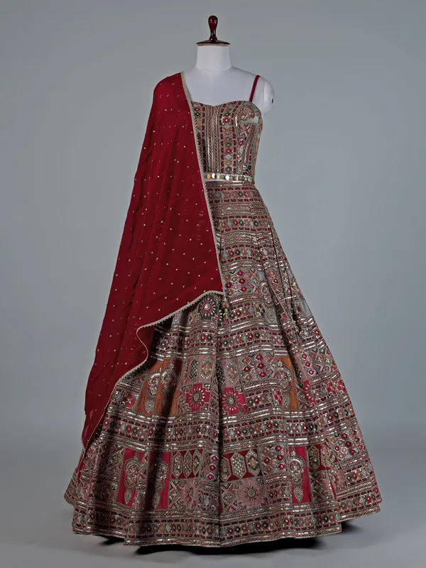 Red and grey silk lehenga choli with embroidery