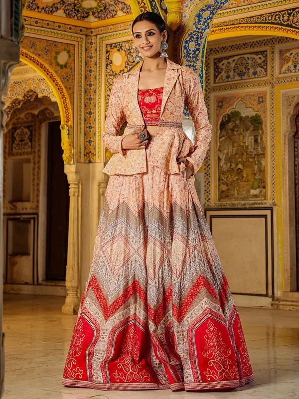 Red and peach silk jacket style lehenga choli