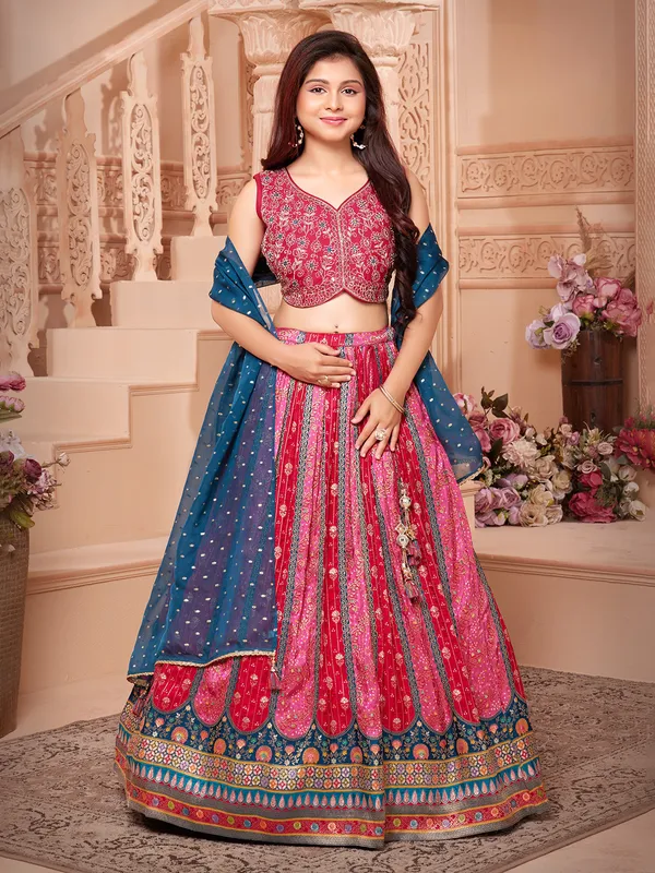 Red and pink banarasi silk lehenga choli with dupatta