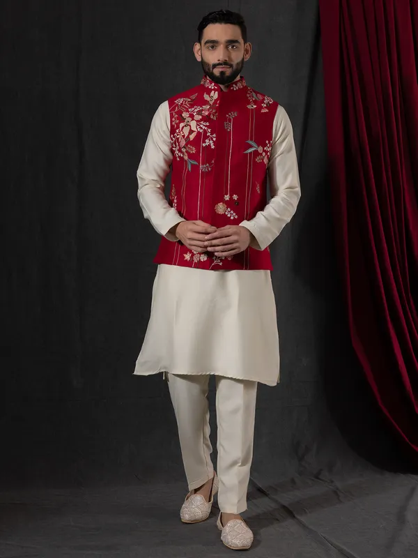 Red and silk cream waistcoat set