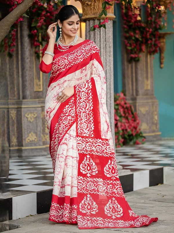 Red and white printed bhagalpuri silk saree