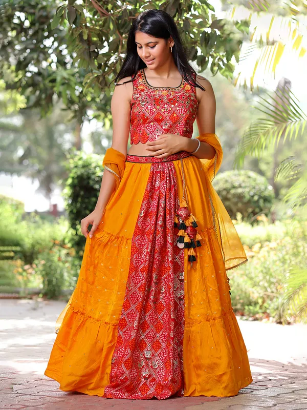 Red and yellow wedding wear georgette lehenga choli