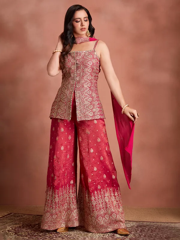 Pink banarasi silk palazzo suit with dupatta