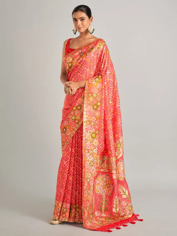 Red bandhej print silk saree