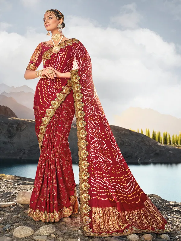 Red bandhej printed satin saree