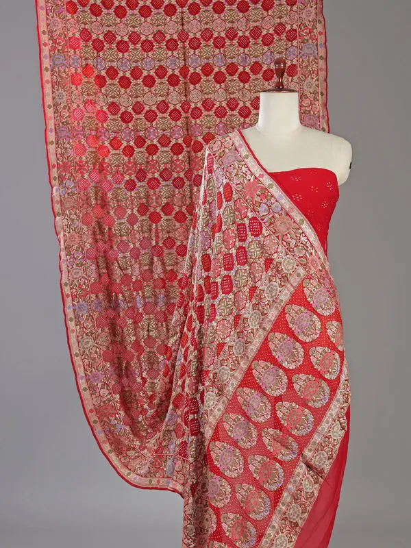 Red bandhej silk saree with unstitched blouse