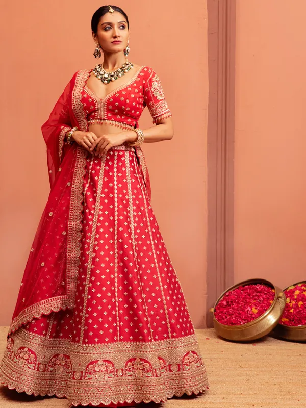 Red bridal lehenga choli with elbow sleeve blouse