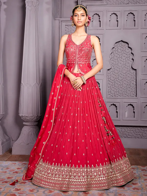 Red chinnon lehenga choli with dupatta