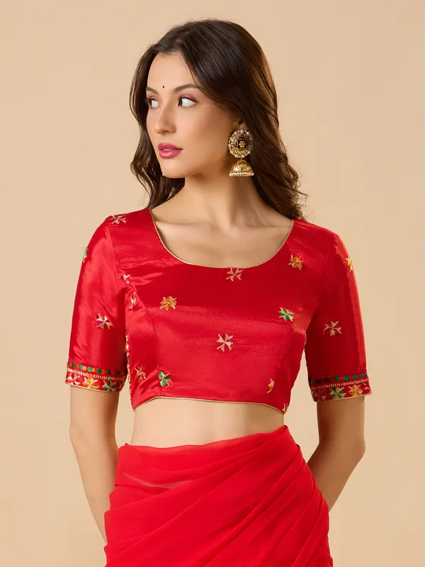 Red chinon embroidered ready made blouse with round neck