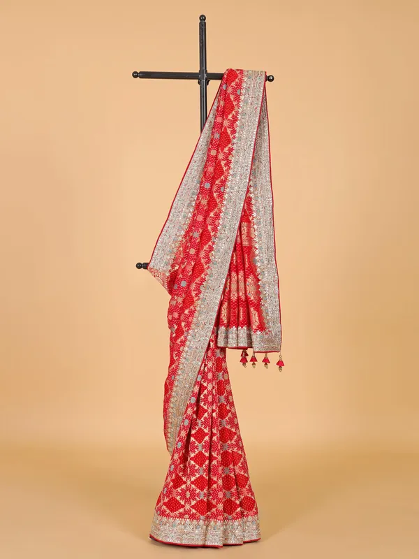 Red cotton silk bandhani print saree