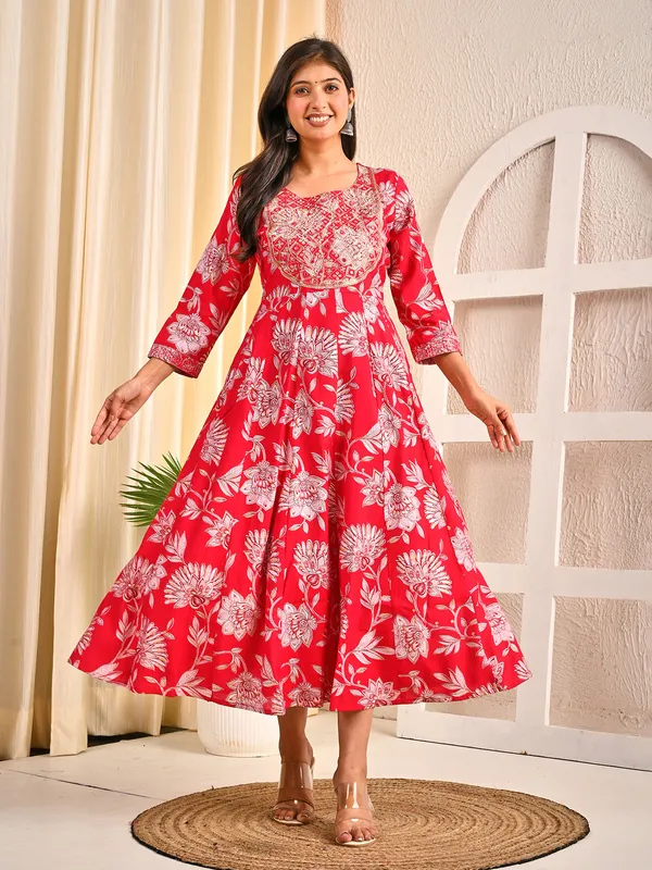 Red cotton silk floral yoke embroidered kurti