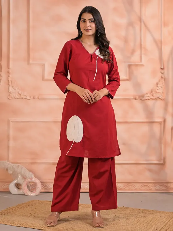 Red cotton silk kurti palazzo set