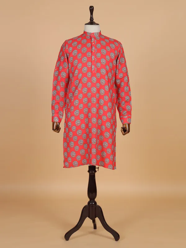 Red cotton silk printed kurta suit for men