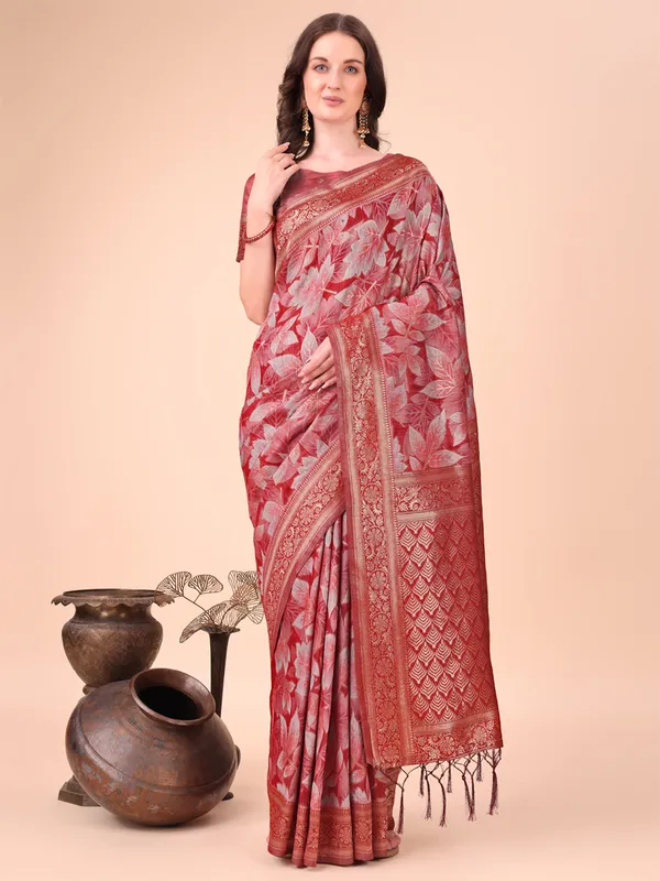 Red cotton silk saree with elegant unstitched blouse