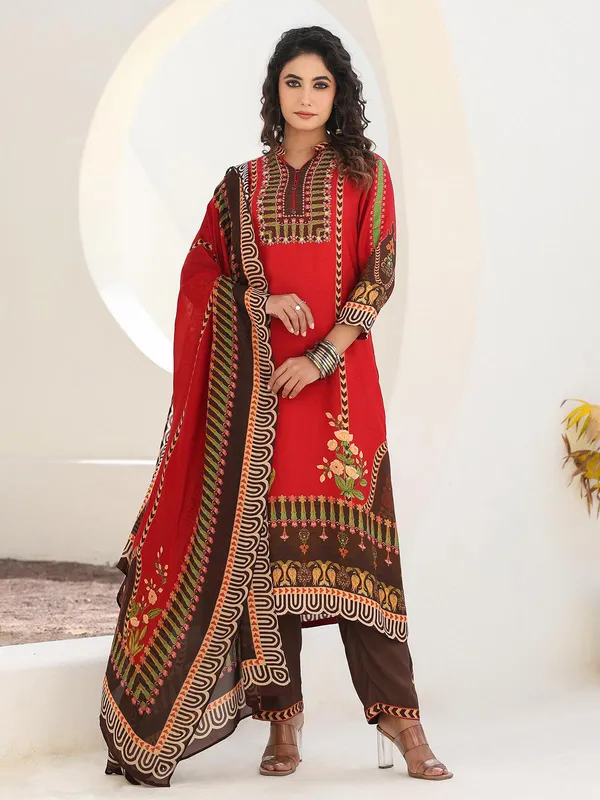 Red dola silk printed kurti set with dupatta