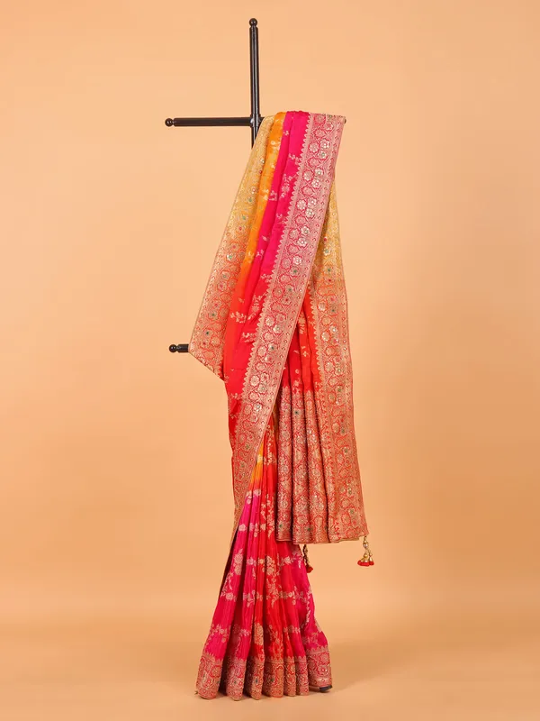Red dola silk saree with unstitched blouse