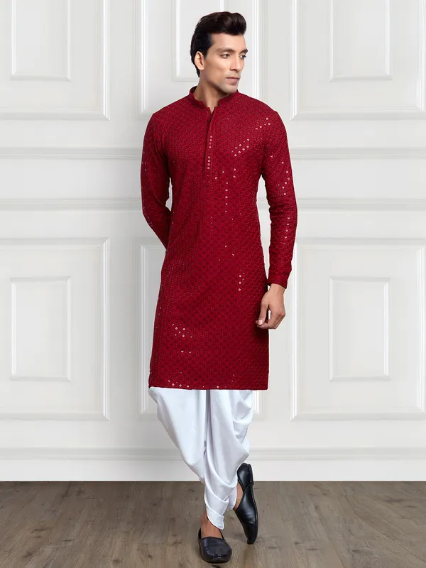 Red embroidery kurta with peshawari dhoti