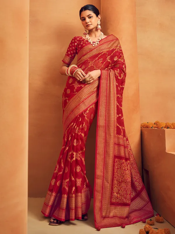 Red festive special georgette saree
