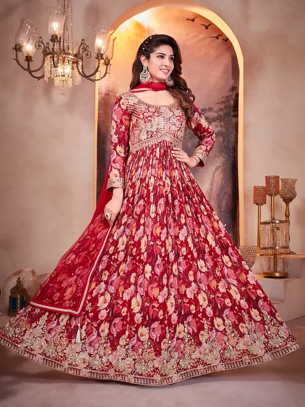 Red festive special silk anarkali suit