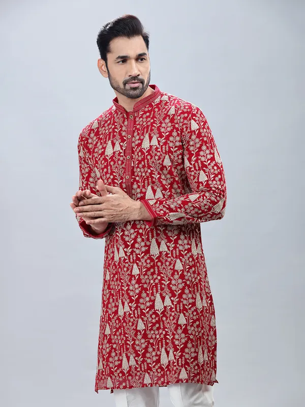 Red festive style embroidery kurta set for men