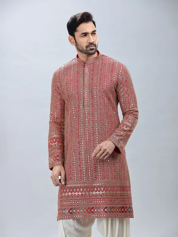 Red festive style embroidery kurta set with patiyala