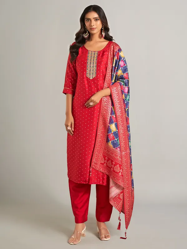 Red festive style silk salwar suit with dupatta