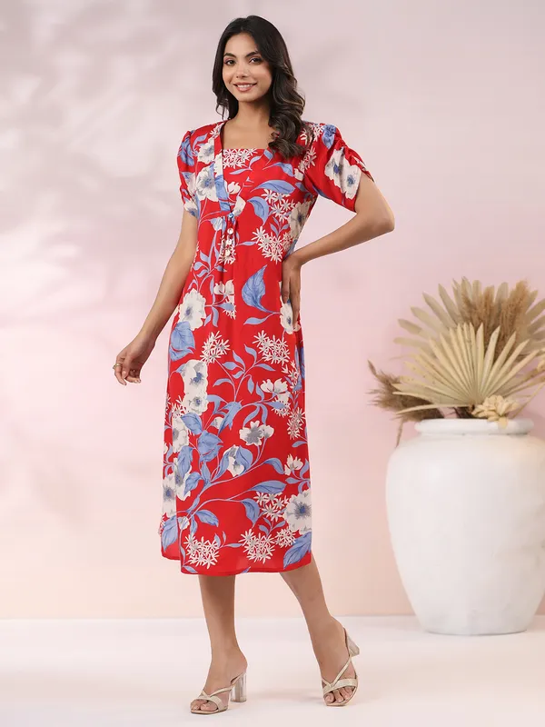 Red floral printed cotton kurti