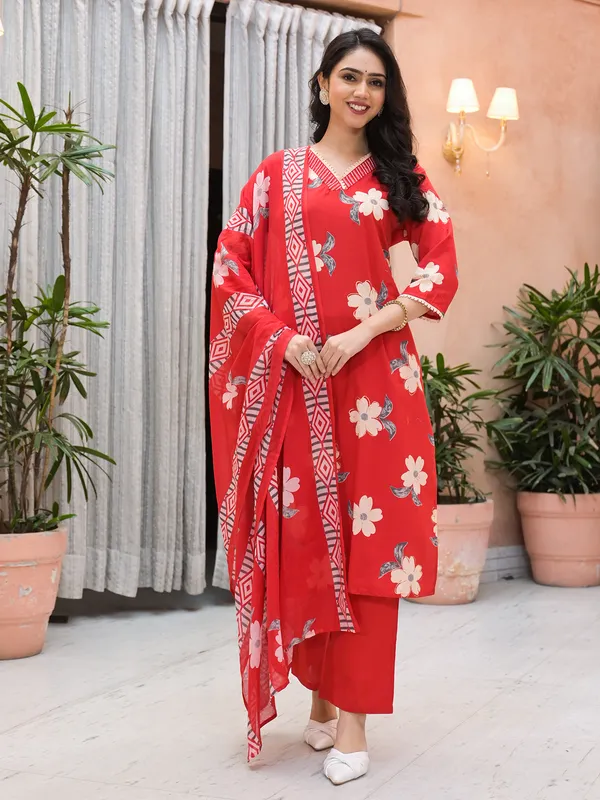 Red floral printed silk kurti set for festive