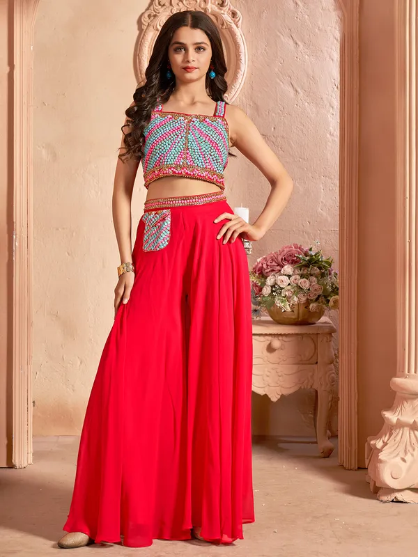 Red georgette crop top with palazzo