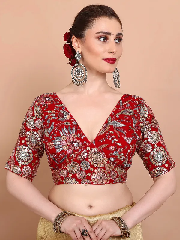 Red georgette elbow sleeve ready made blouse