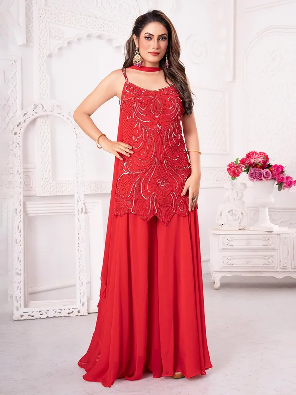 Red georgette palazzo suit with bead and sequin accents