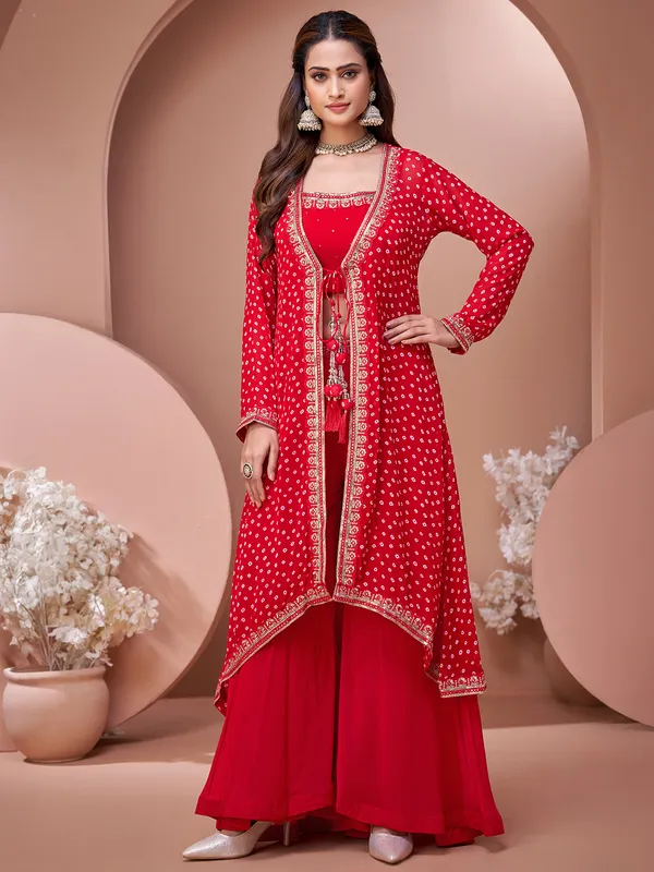 Red georgette palazzo suit with shrug for women