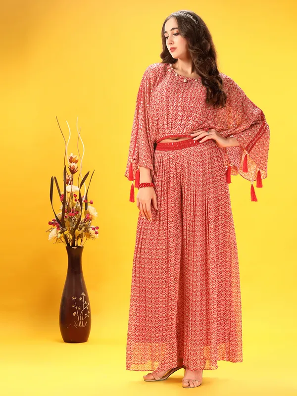 Red georgette printed palazzo suit with print