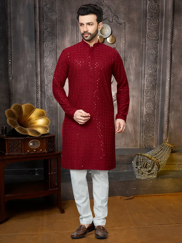 Red georgette sequins kurta suit for men