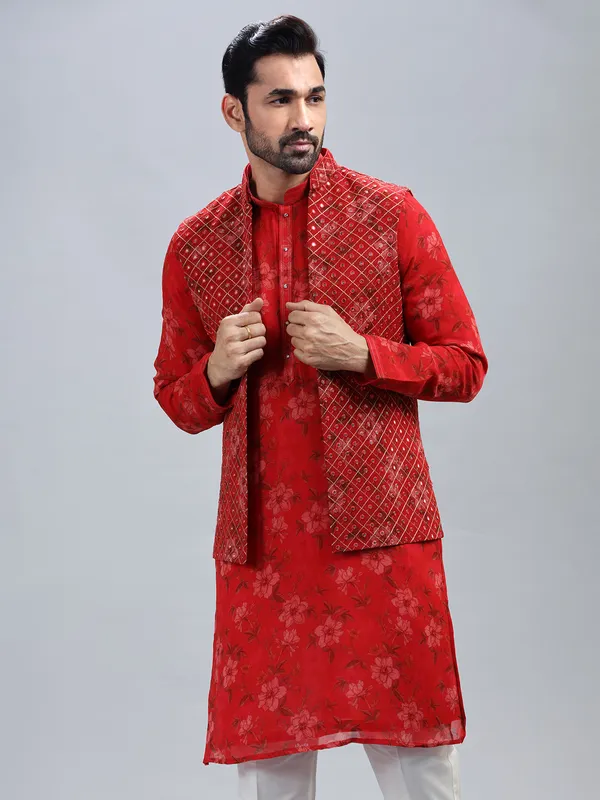 Red georgette waistcoat set for men
