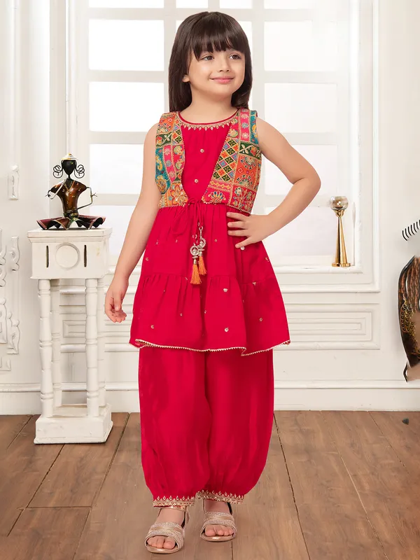 Red jacket style salwar suit for girls