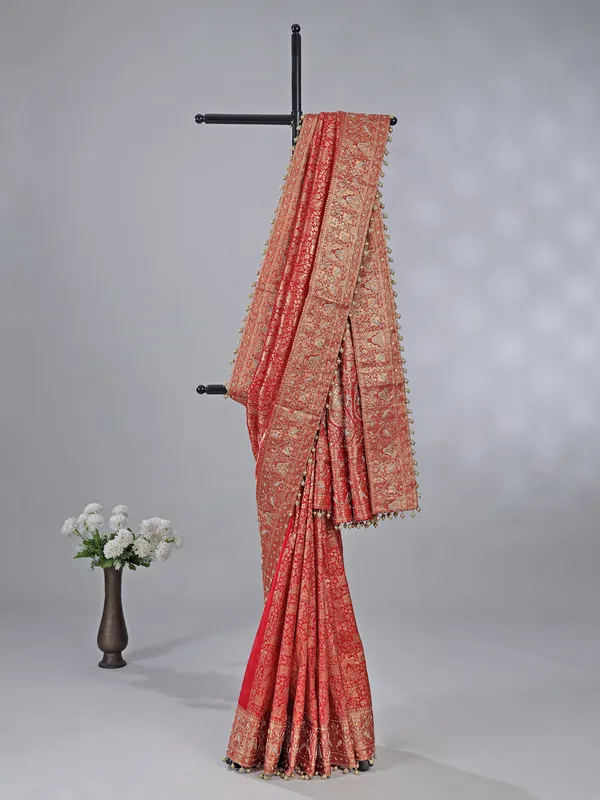 Red kanjivaram silk saree with zardosi weaving