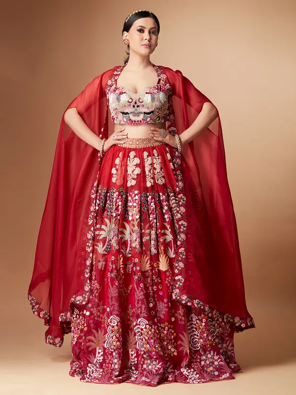 Red organza jacket style lehenga choli