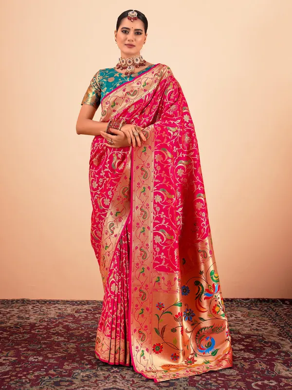 Red paithani silk saree with zari worked
