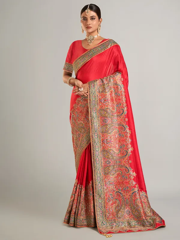 Red pashmina silk wedding wear saree