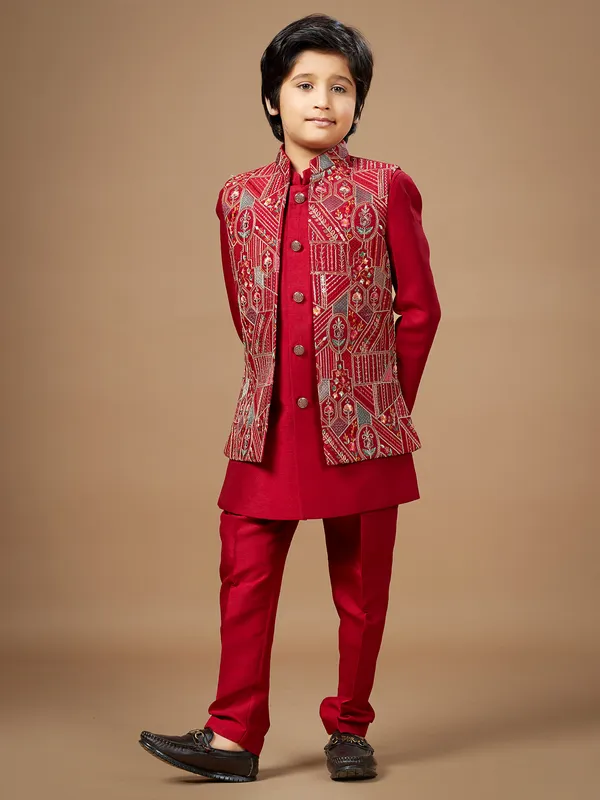 Red premium jacket style waist coat set for boy