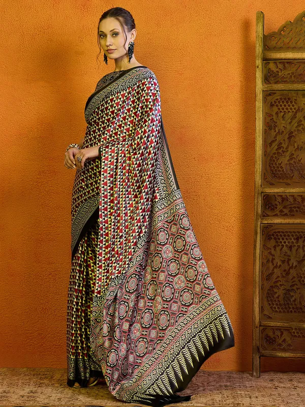 Red printed bhagalpuri silk saree for festive wear