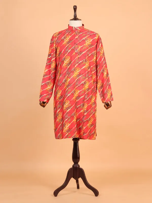 Red printed cotton kurta suit for men for festival