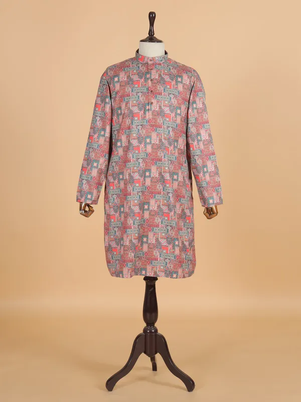 Red printed cotton silk festive ready kurta suit
