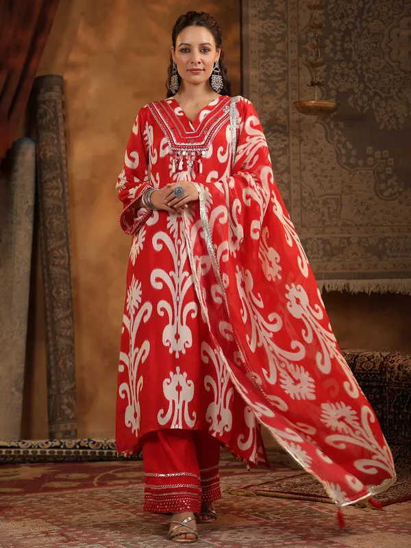 Red printed cotton silk kurti set