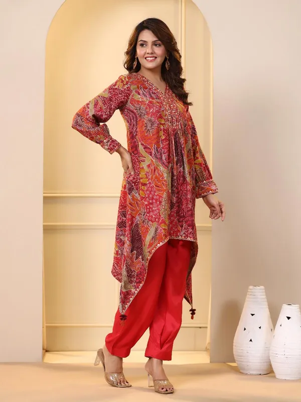Red printed cotton silk kurti set for festive