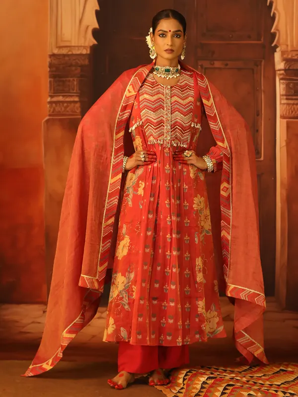 Red printed cotton silk salwar suit